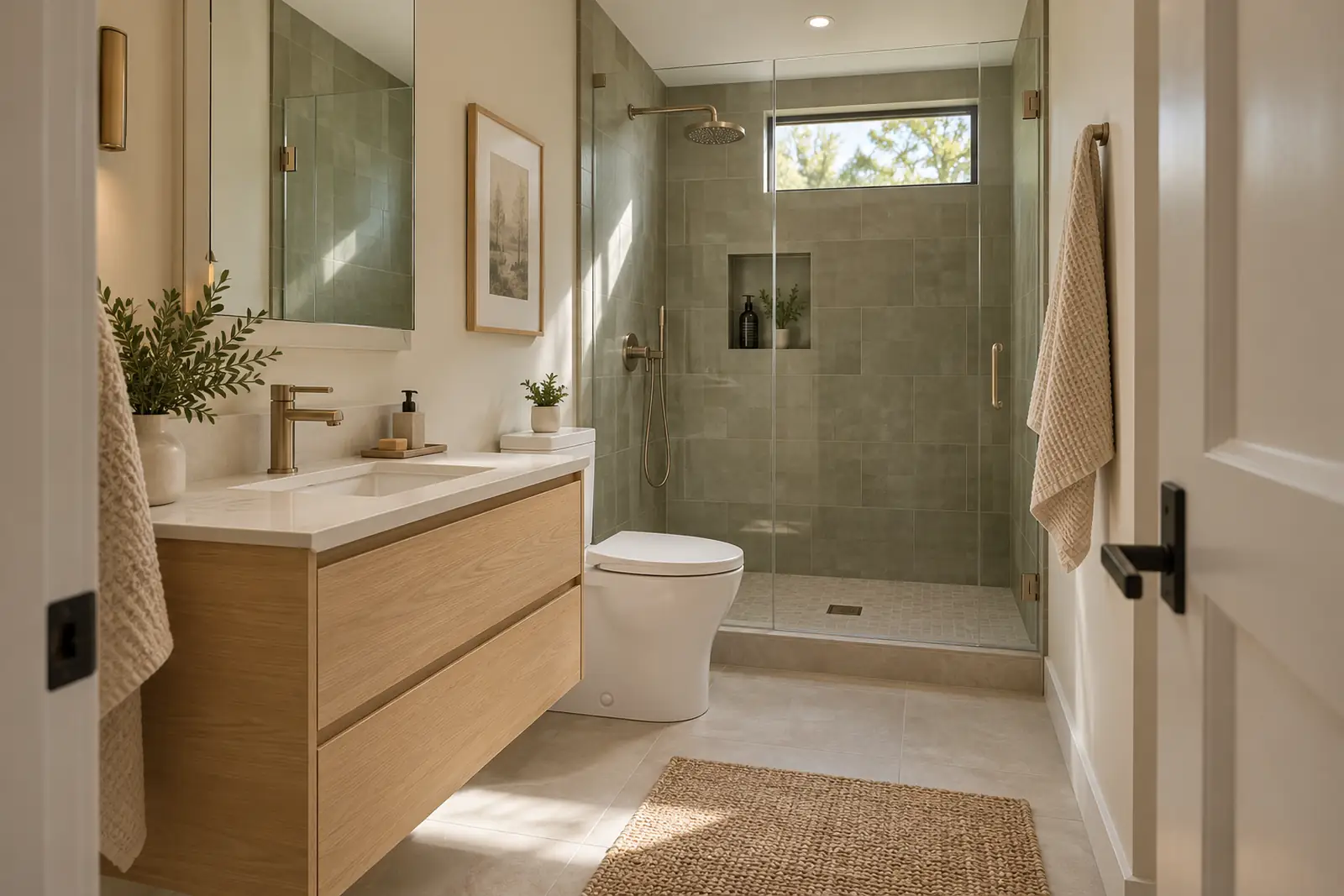 Small bathroom with light oak vanity, muted green shower tile and clear glass
