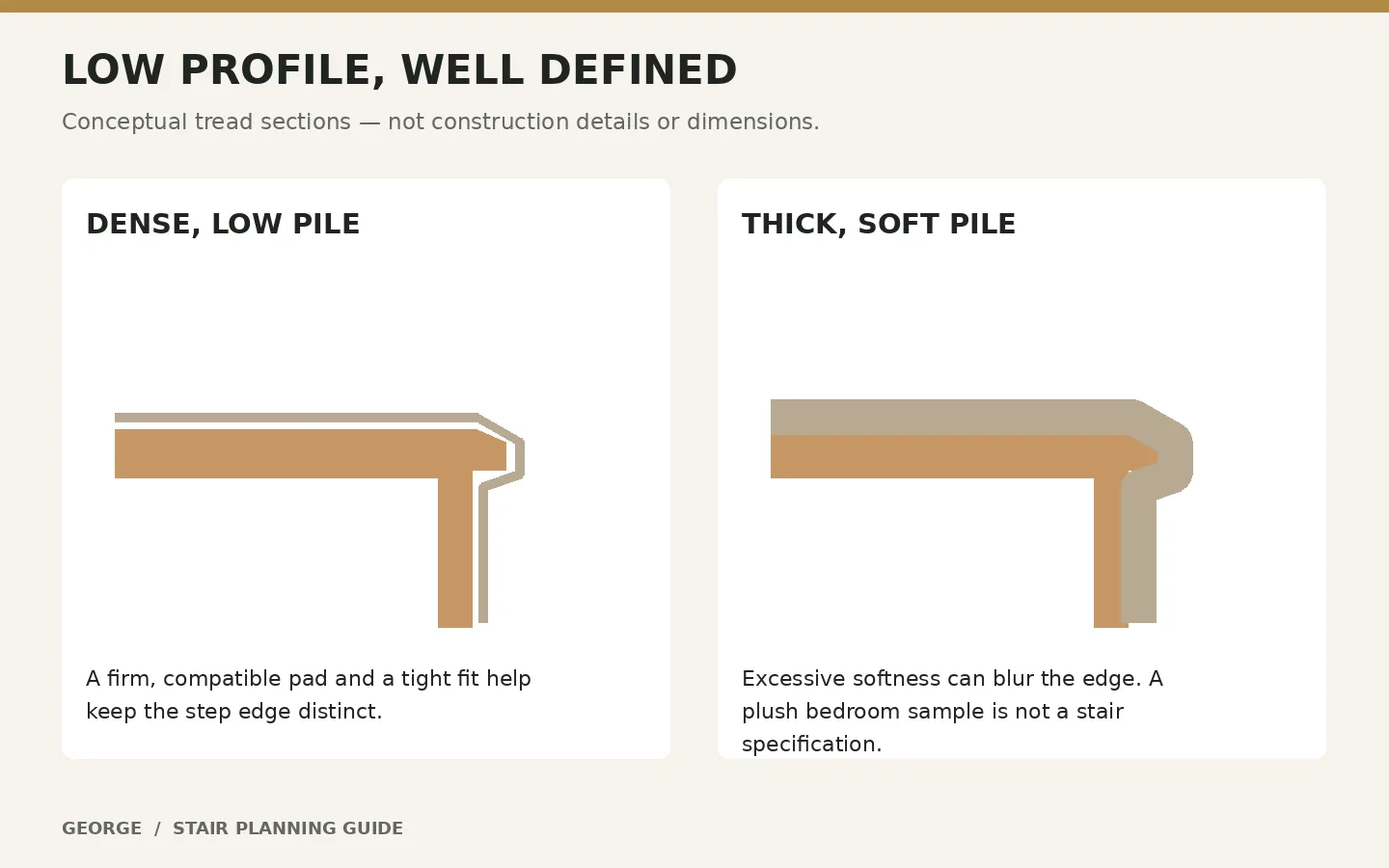 Side-by-side conceptual stair profiles showing low pile versus thick soft carpet