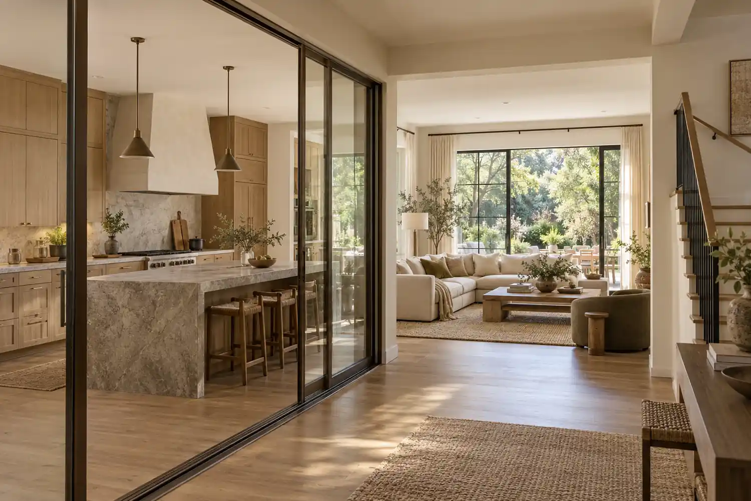 Sliding glass partition between an oak kitchen and a bright living room beside a staircase