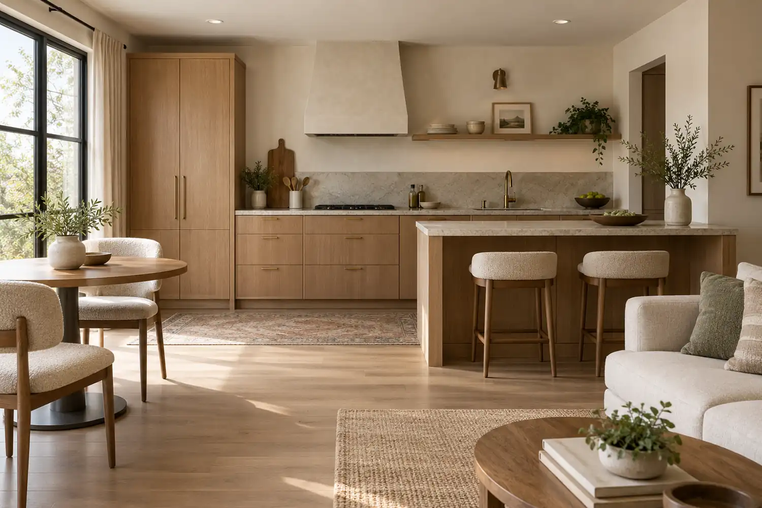 Compact open kitchen living room with a peninsula, round table and tall oak storage