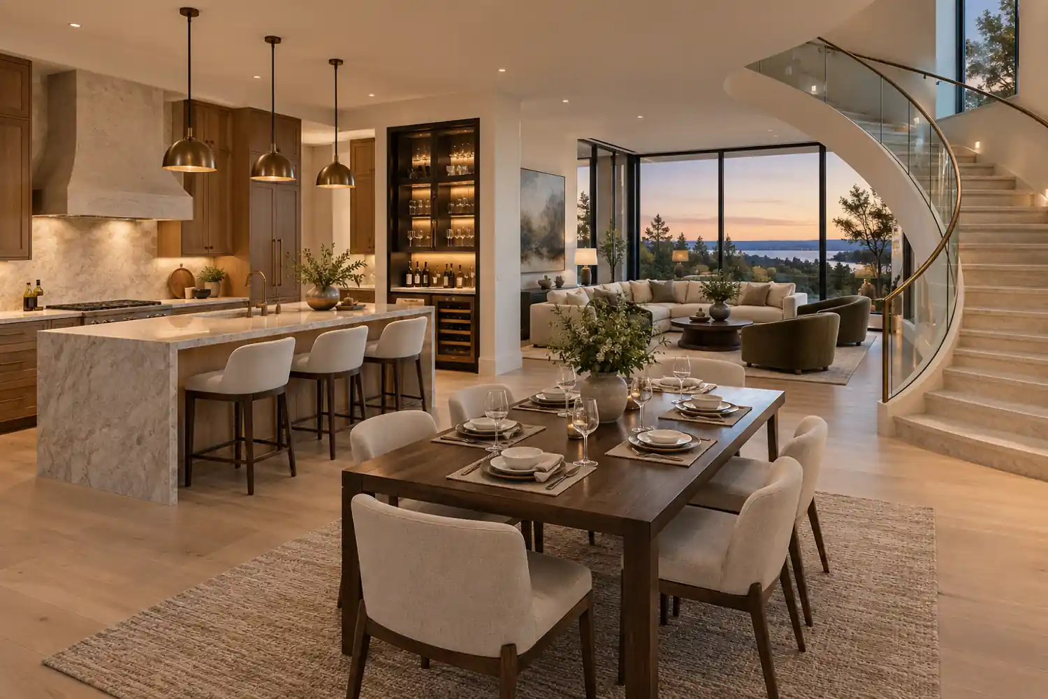 Open kitchen dining room with a beverage station and curved stone staircase with glass guards