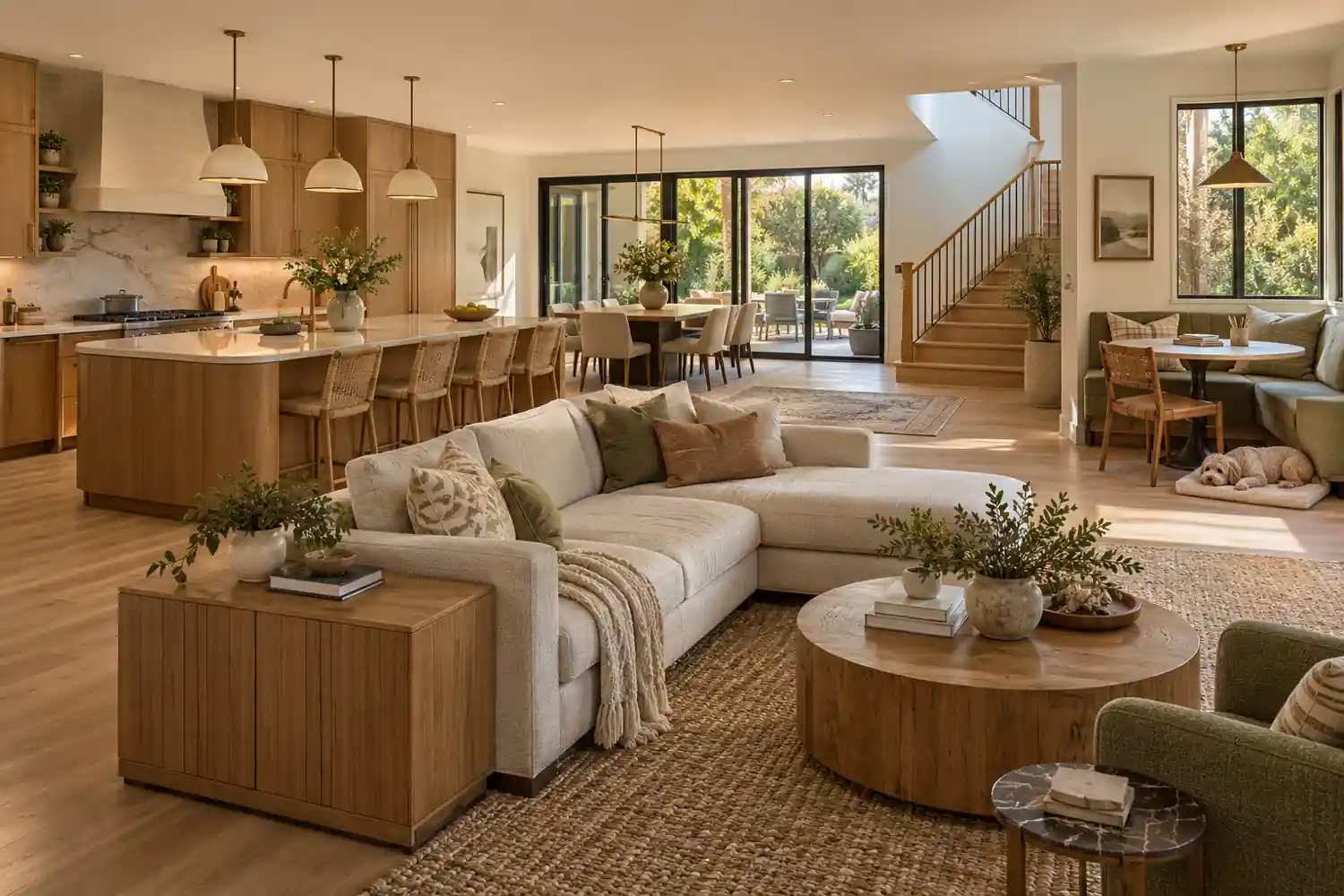 Family living room with closed storage, a breakfast nook, pet bed and oak staircase