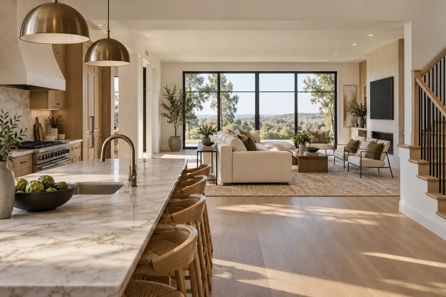 Low-backed sofa on a large rug defining the living area beyond a kitchen island