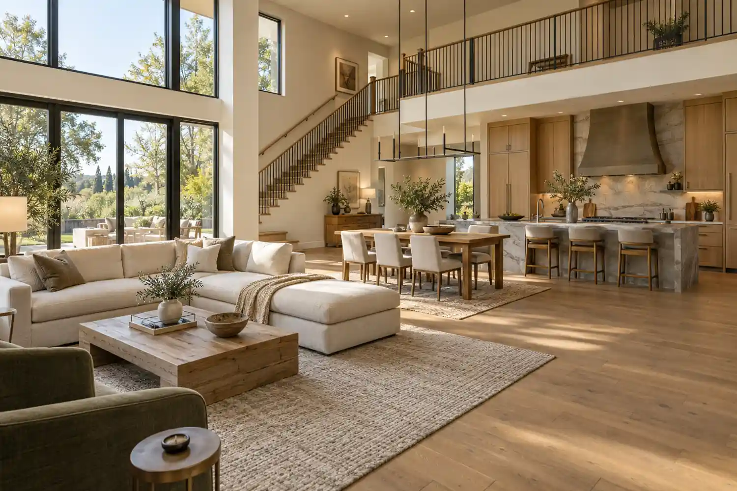 Open kitchen and living room with oak cabinetry and a straight staircase along the rear wall