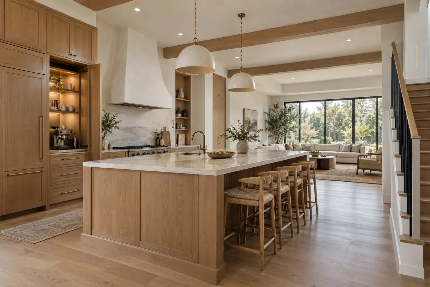 Full-height oak kitchen storage with an open coffee cabinet and a wall-mounted range hood