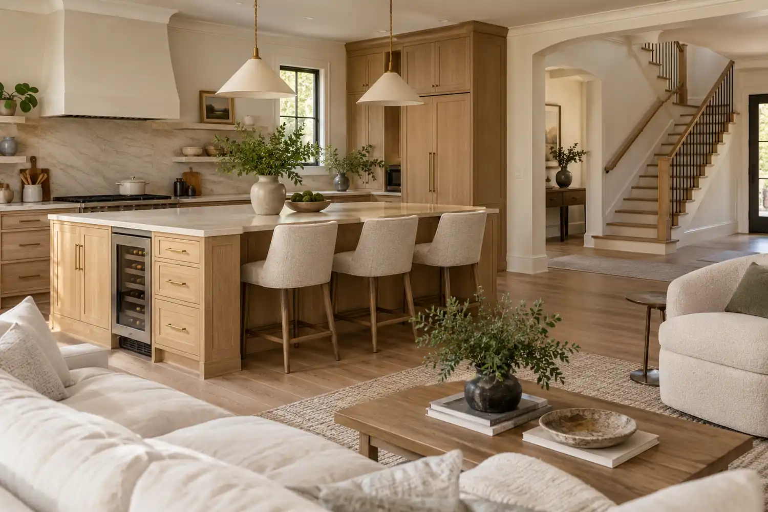 Kitchen island with guest seating and a beverage refrigerator beside an open living room