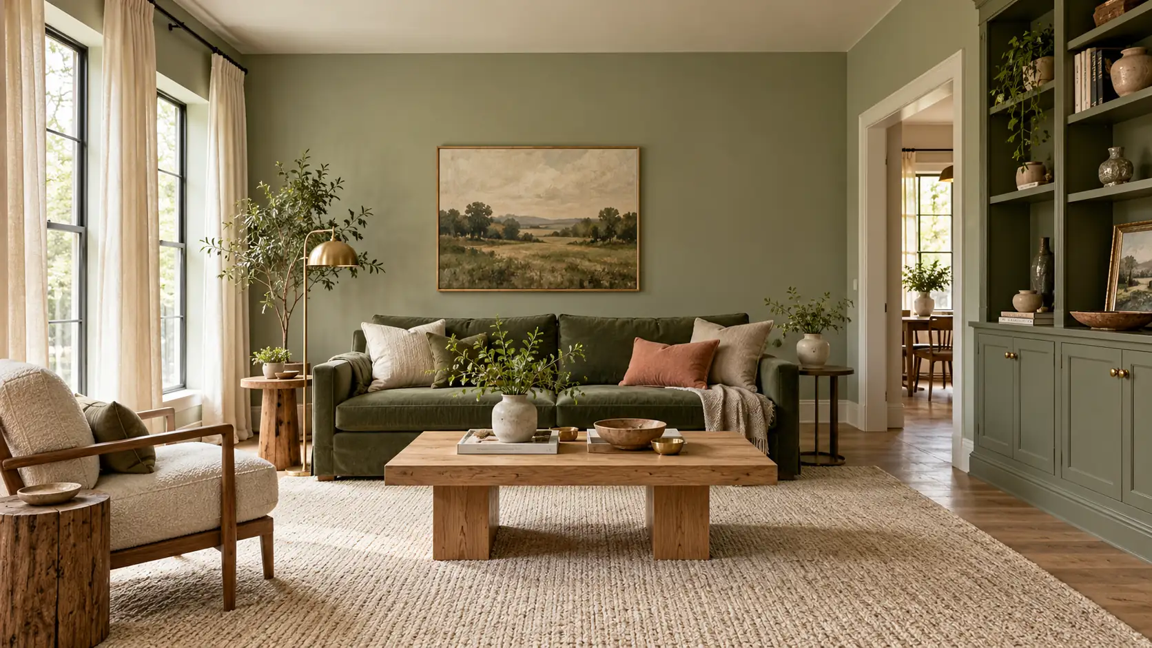 Sage living room with moss sofa, ivory curtains, oak furniture and an oatmeal rug