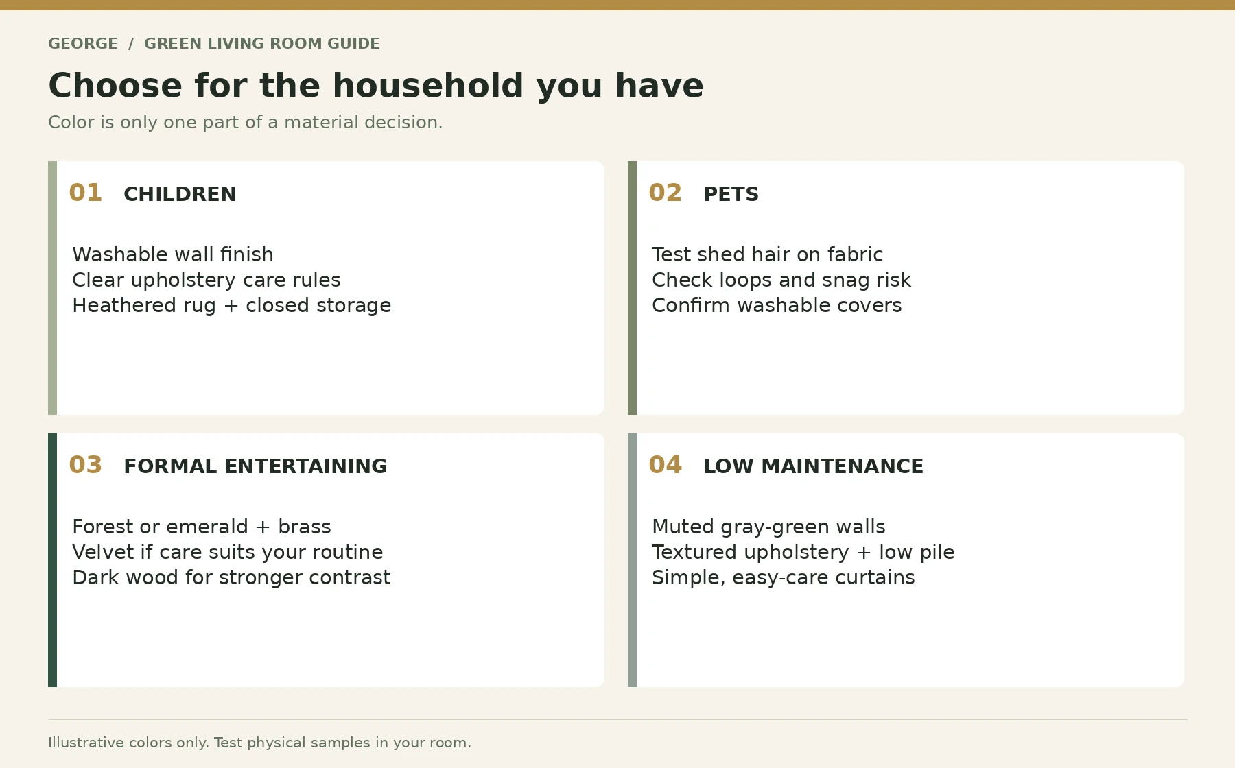 Green living room material priorities for children, pets, entertaining and low maintenance