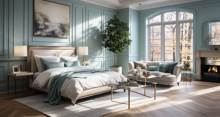 Layered warm bedroom lighting with bedside task lights and blackout curtains