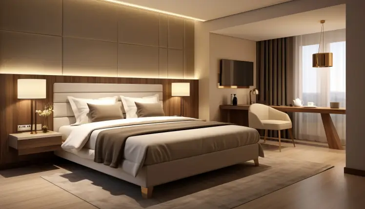 Hotel guest room renovation with coordinated furniture lighting and wall finishes