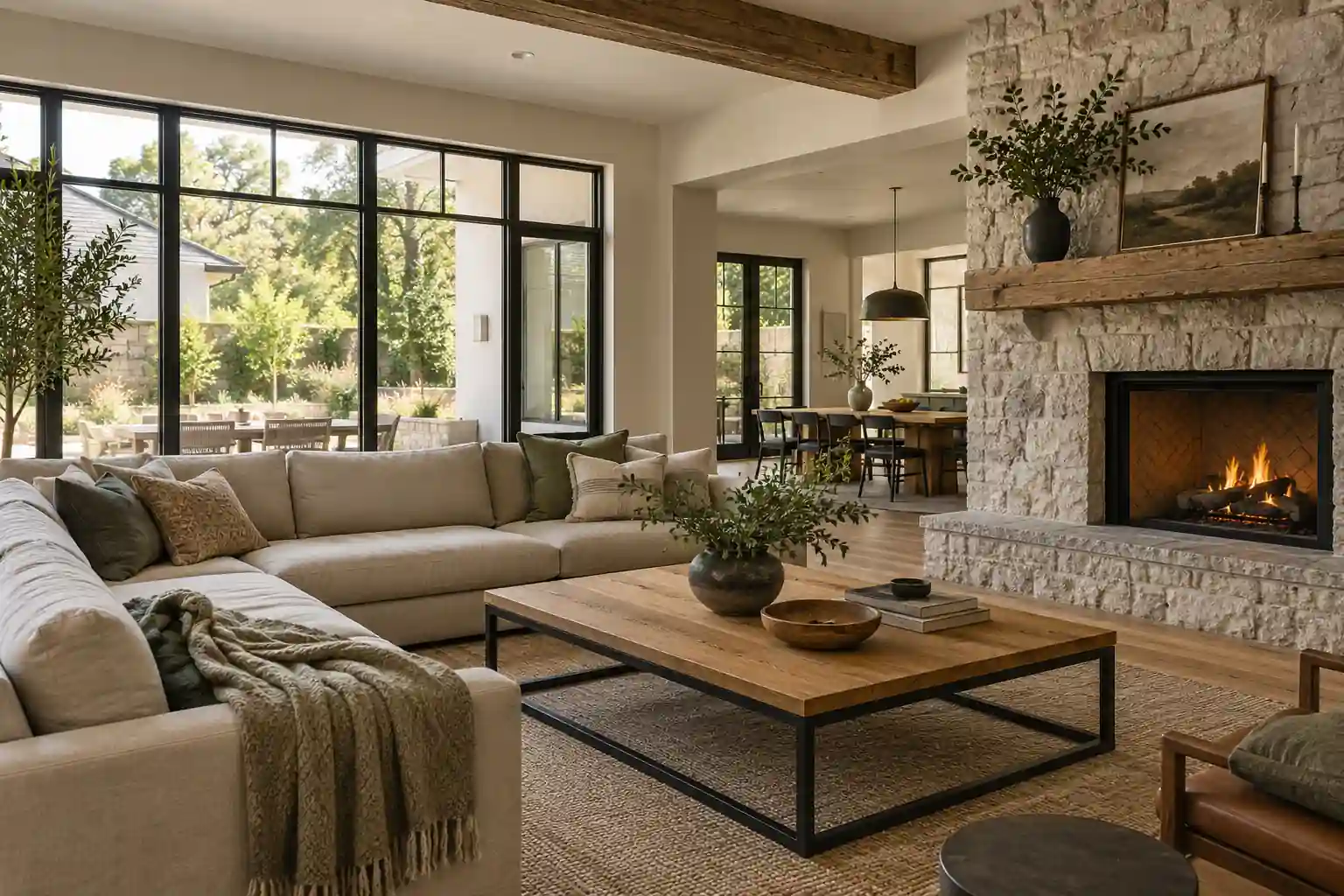 Contemporary rustic great room with timber beams, pale stone and relaxed neutral seating