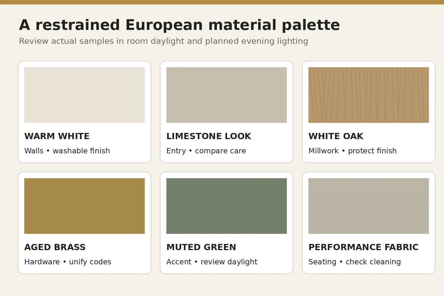 Warm white, limestone look, oak, brass, green and fabric sample palette