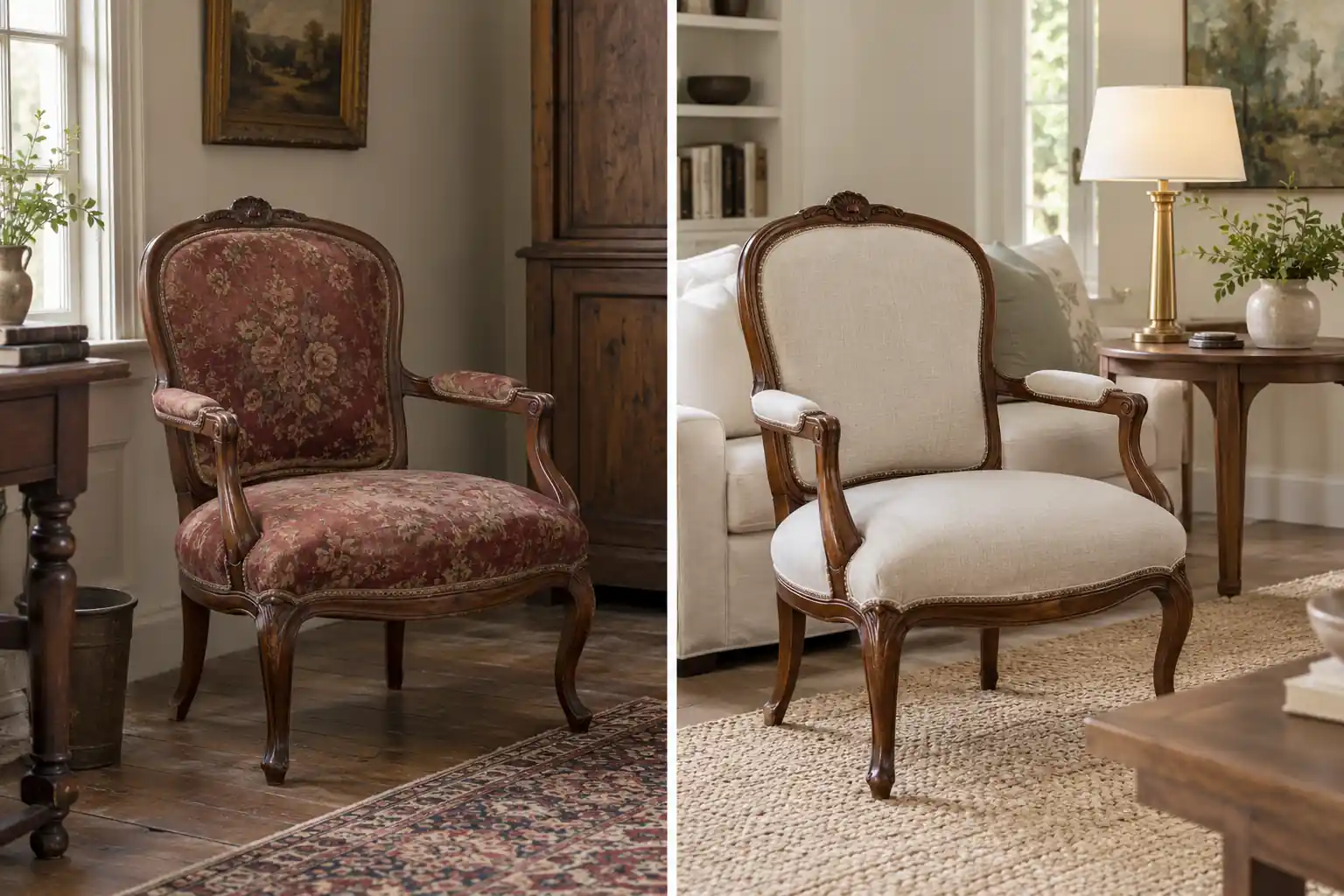 Two-panel concept showing a vintage wood armchair with patterned fabric and quieter neutral reupholstery