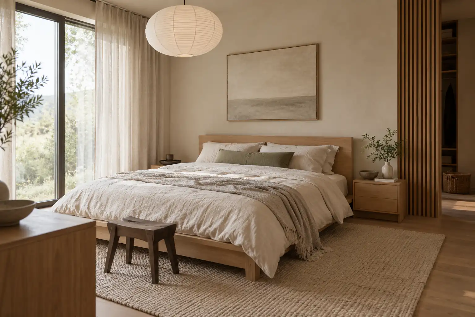 Japandi bedroom with a low wood bed, linen bedding, natural wood bench and soft daylight
