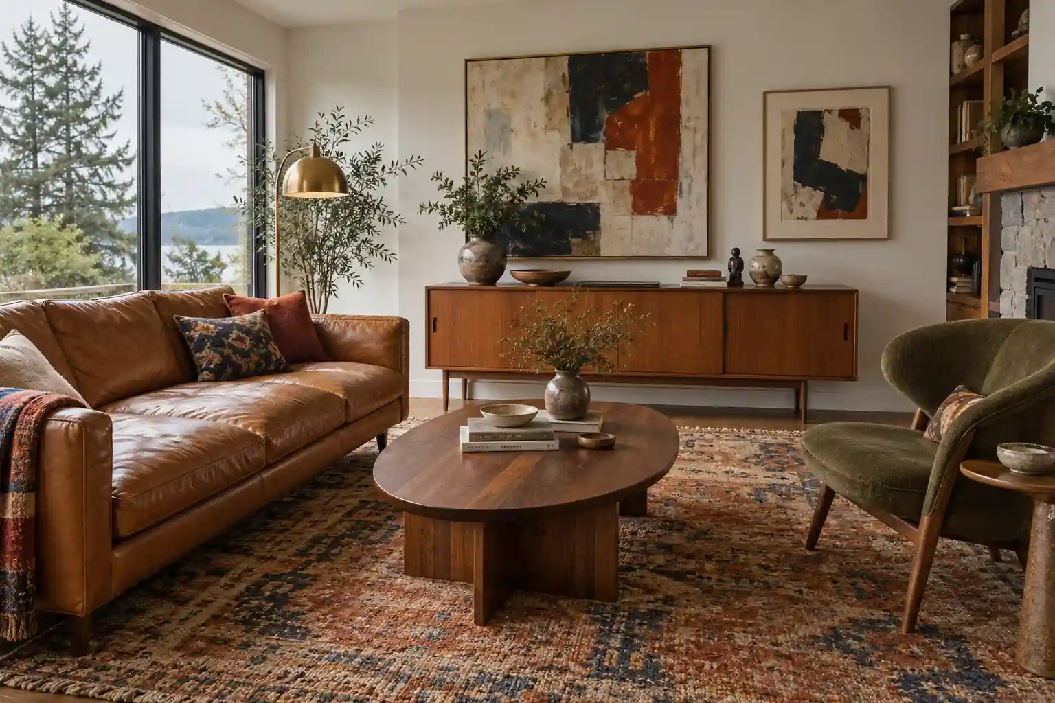 Mid-century living room with wood furniture, colorful artwork and a balanced seating arrangement