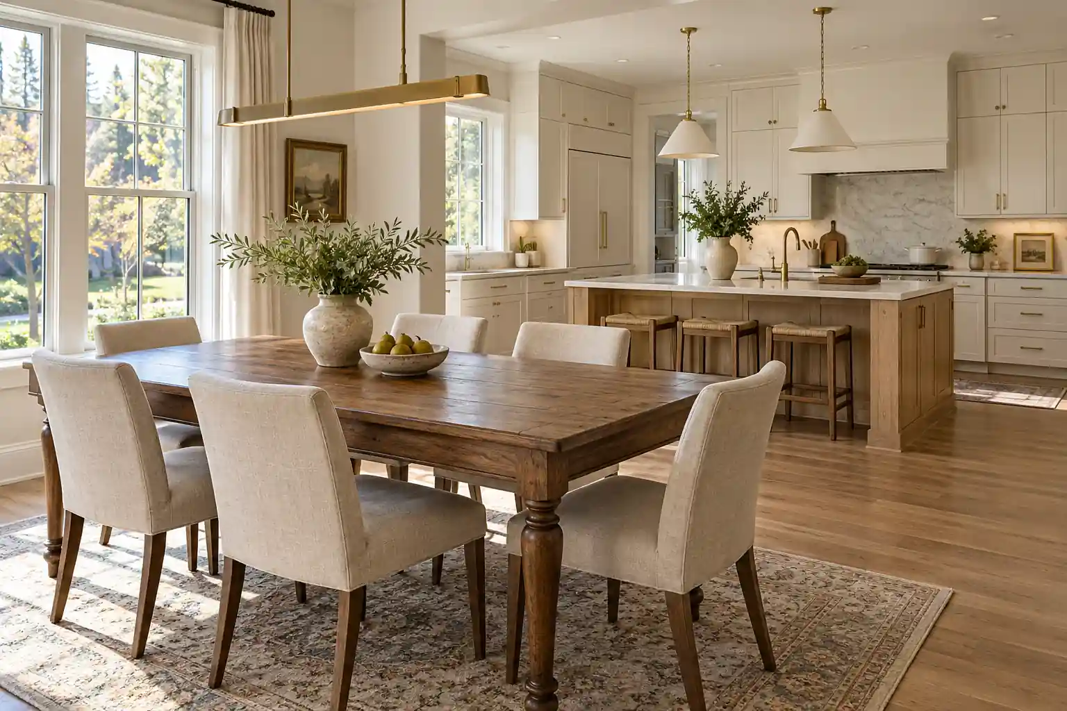 Ivory kitchen beside a vintage wood dining table and upholstered chairs in natural daylight
