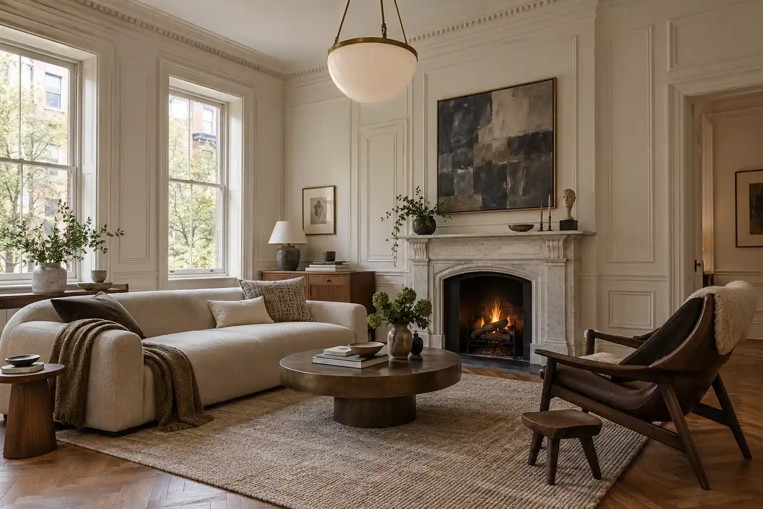Traditional living room with decorative moldings, a fireplace and simple contemporary seating