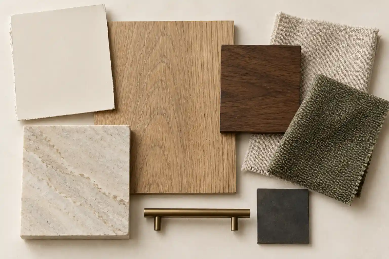 Interior material samples including ivory paint, oak, walnut, linen, stone and brass in natural light