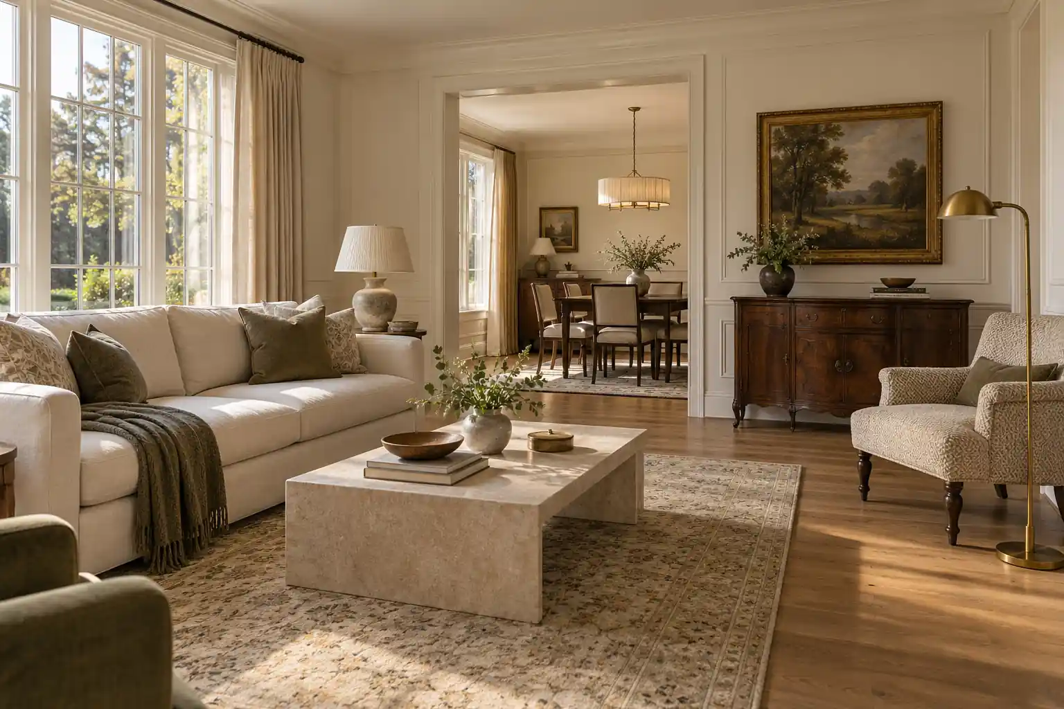 Light-filled living room with a modern ivory sofa, traditional wall moldings and walnut furniture