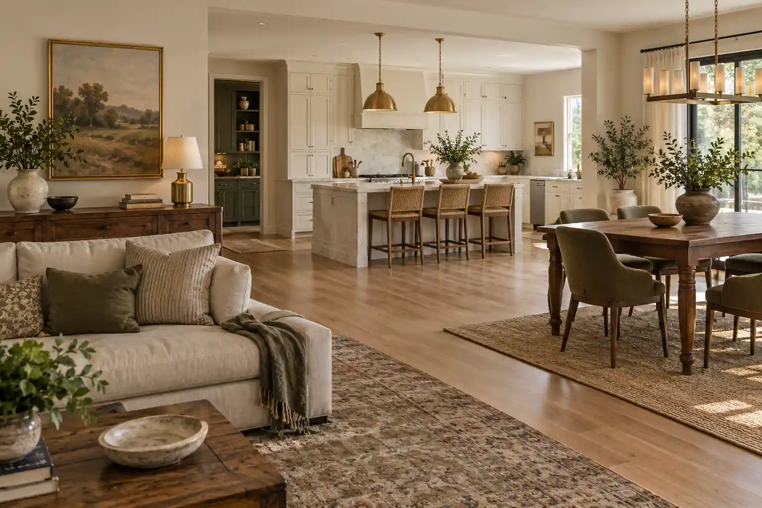 Connected living, dining and kitchen spaces sharing wood flooring, warm ivory walls and brass details