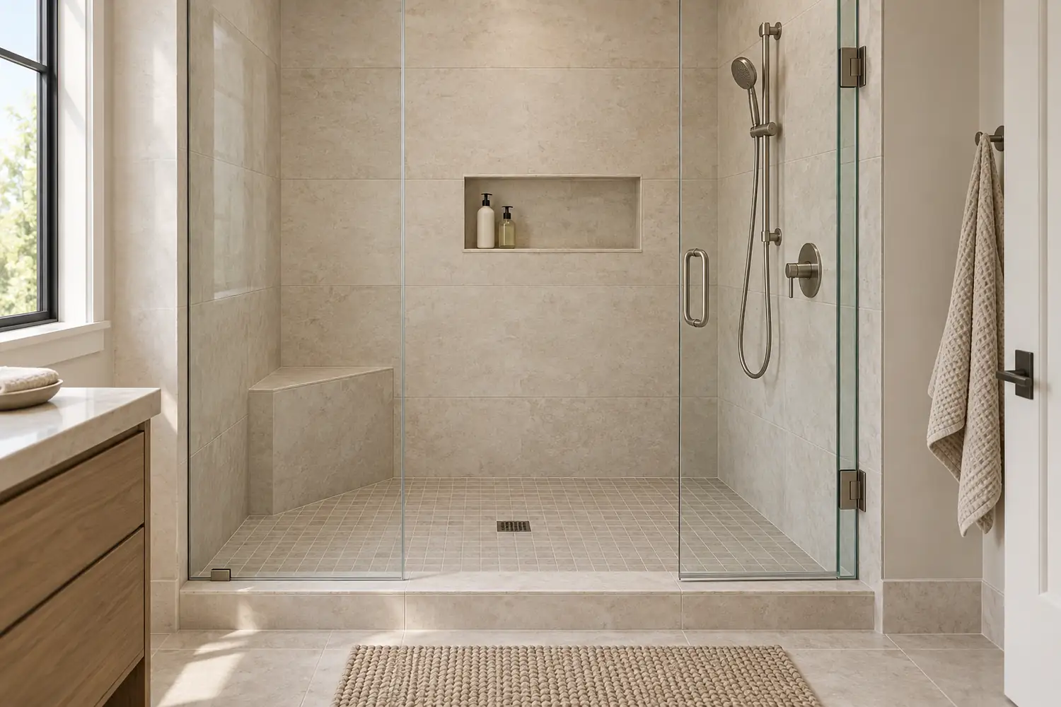 Glass-enclosed shower with large wall tiles, shallow niche and corner bench