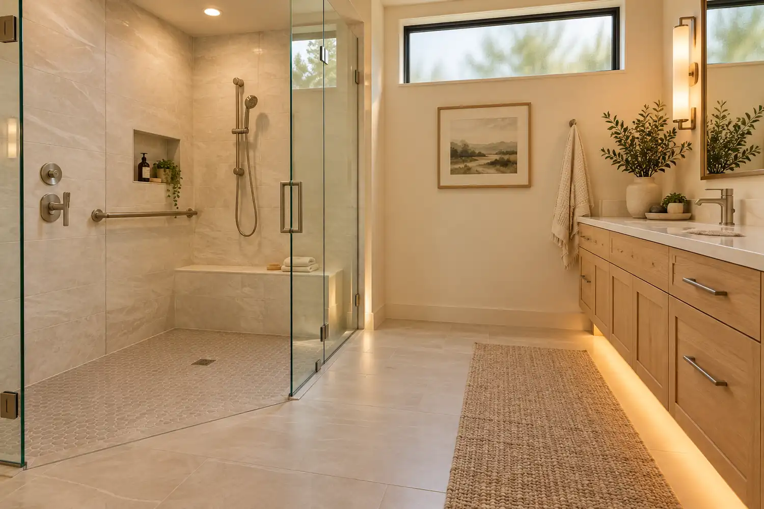 Bathroom concept with low shower entry, grab bar, hand shower and bench