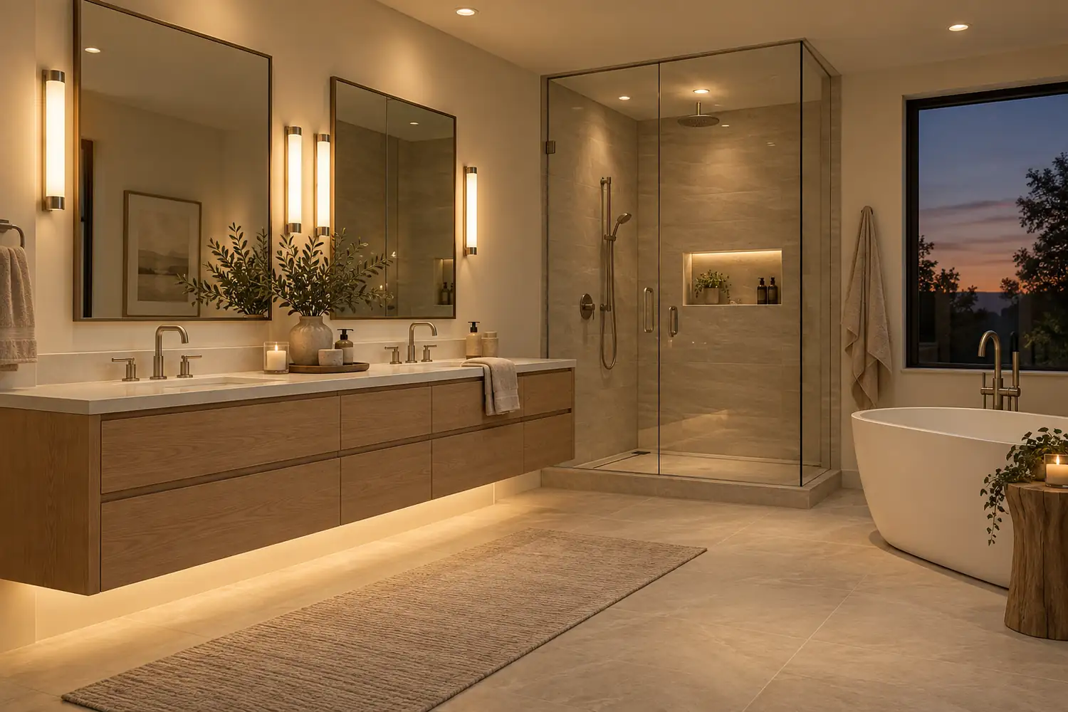 Bathroom with mirror sconces, ceiling lights, shower lighting and low vanity light