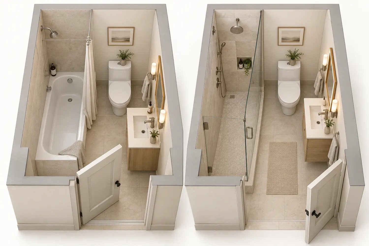 Paired bathroom concepts comparing a tub layout with a walk-in shower layout