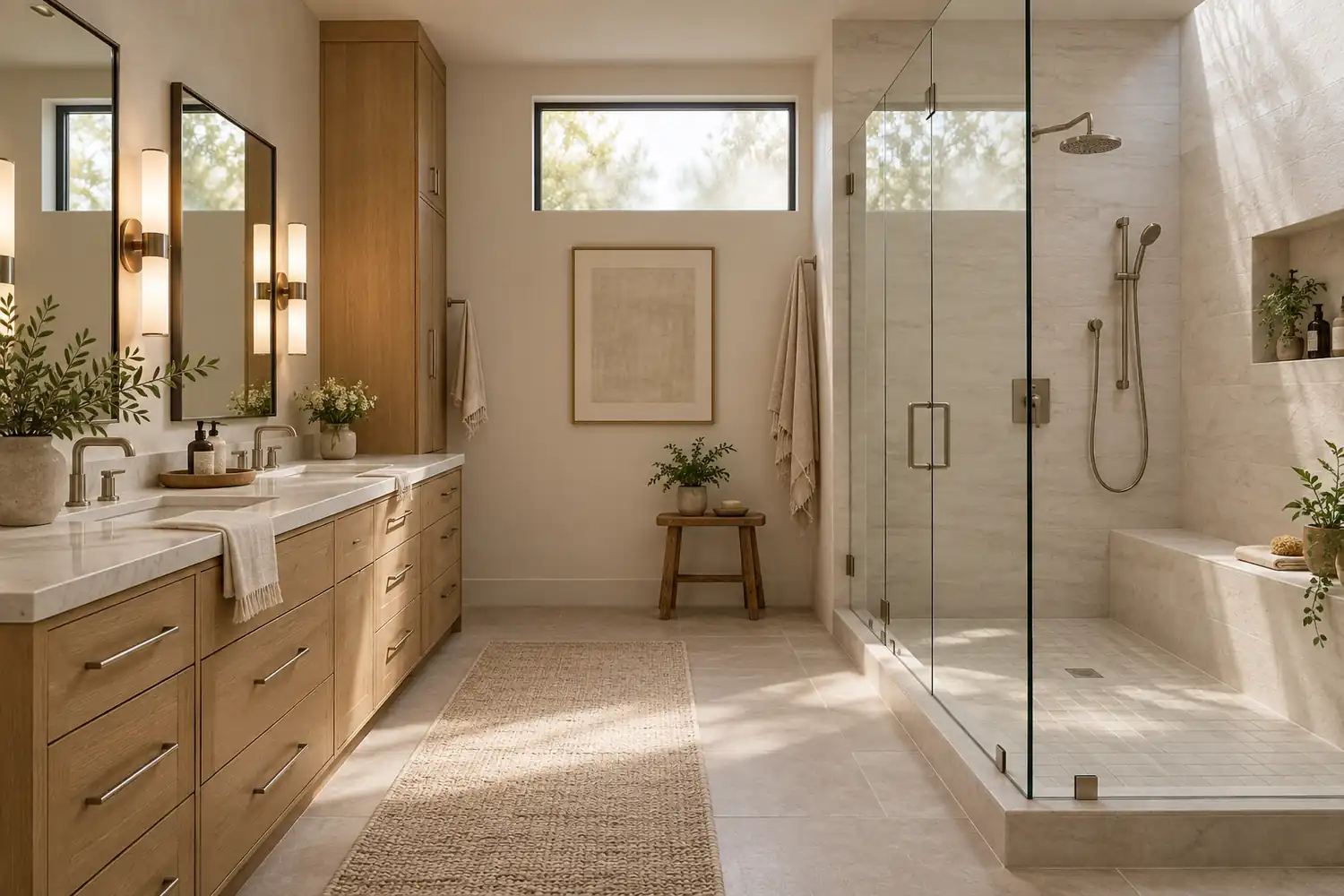 Warm modern bathroom with double oak vanity and enclosed walk-in shower