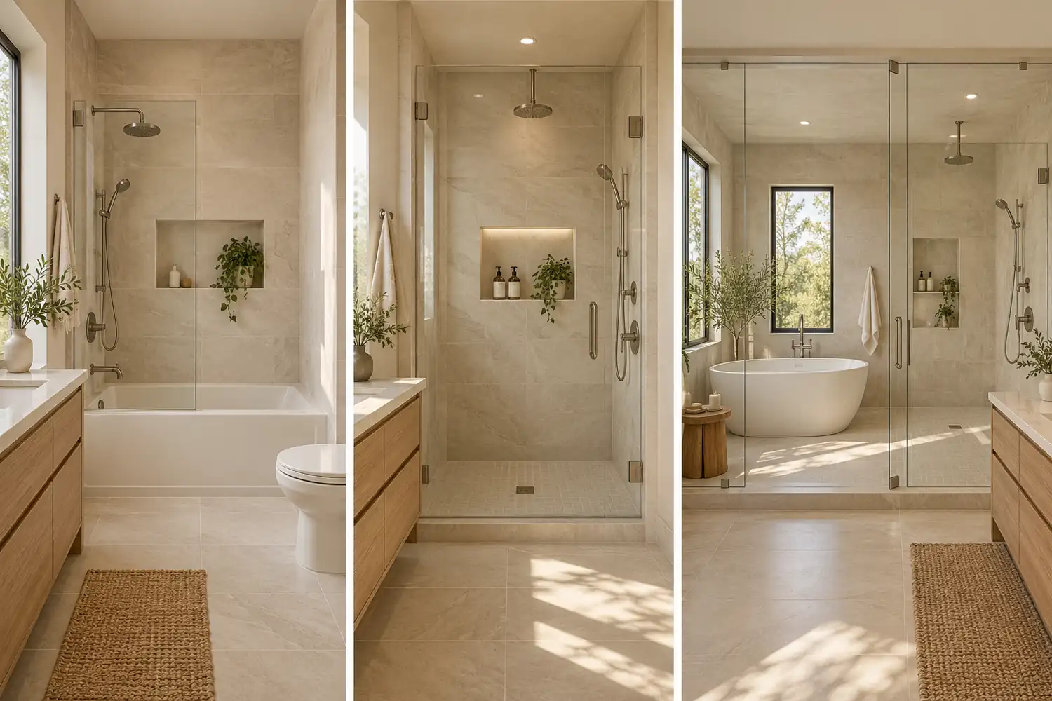Three bathroom concepts showing a tub-shower, walk-in shower and enclosed wet room
