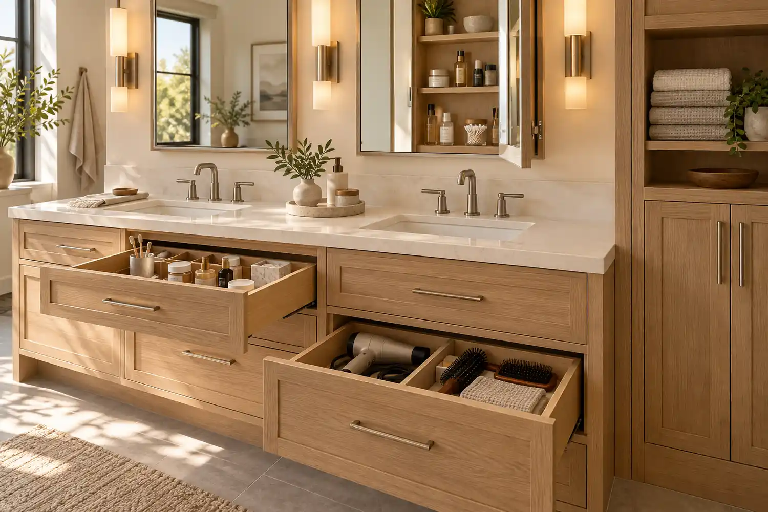 Oak bathroom vanity with organized shallow and deep drawers and linen storage