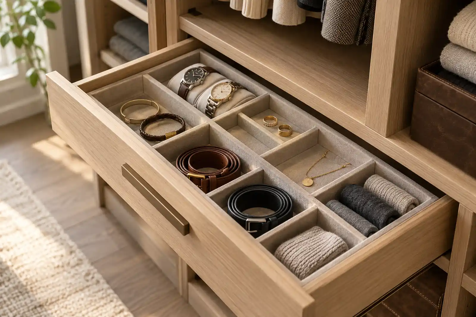 Close-up of a divided wardrobe drawer with separate compartments for jewelry, watches and folded accessories