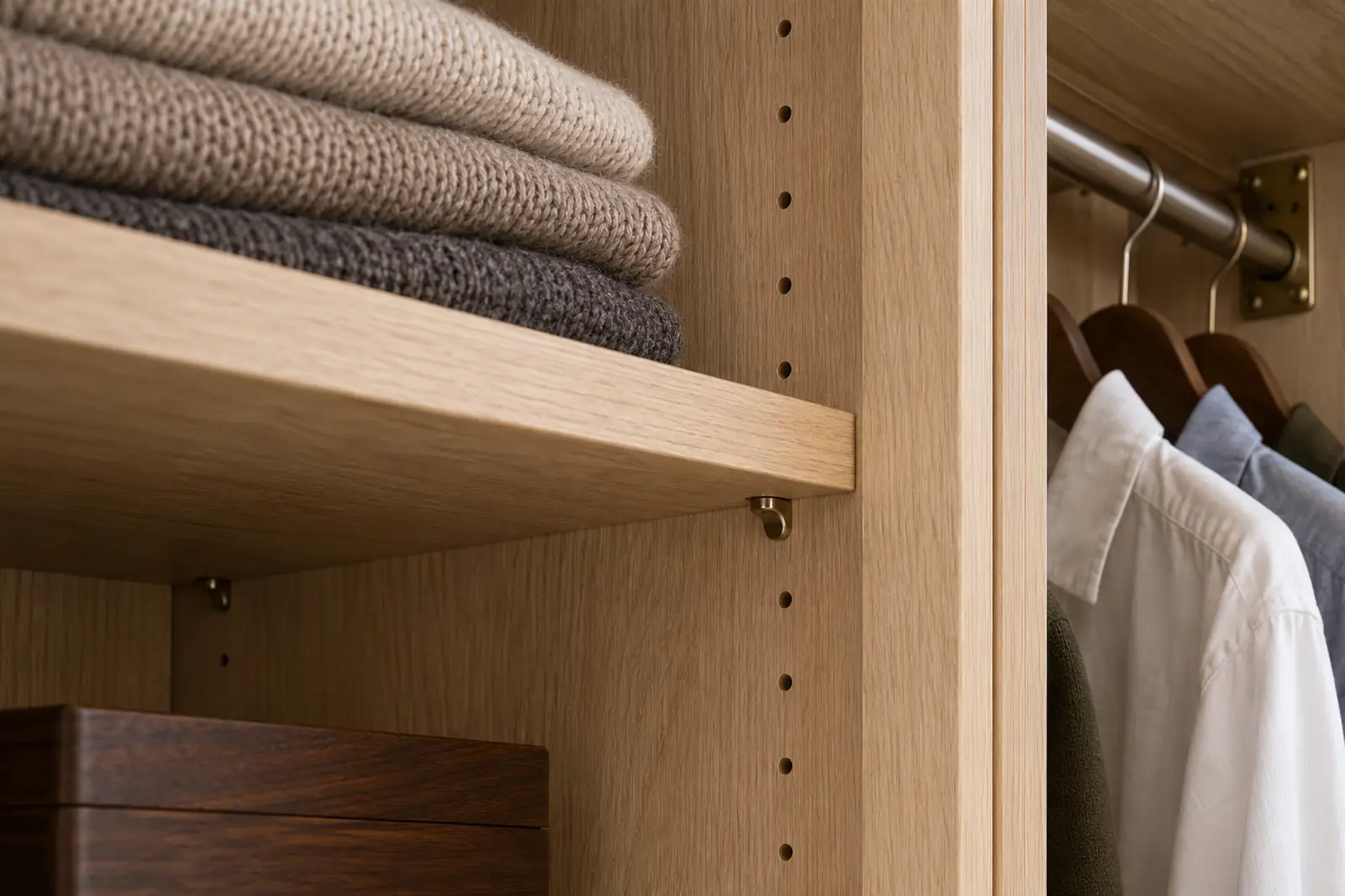 Close-up of an adjustable oak wardrobe shelf with a metal support pin and a vertical row of adjustment holes