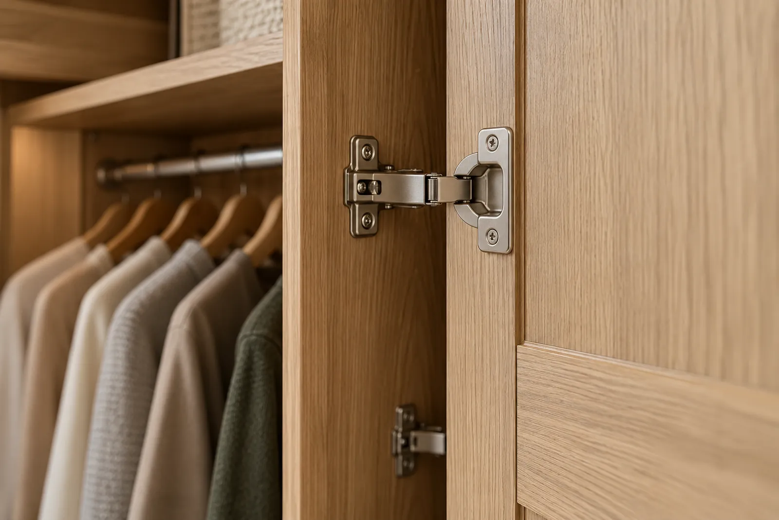 Close-up of a concealed metal hinge connecting an oak wardrobe door to the cabinet side