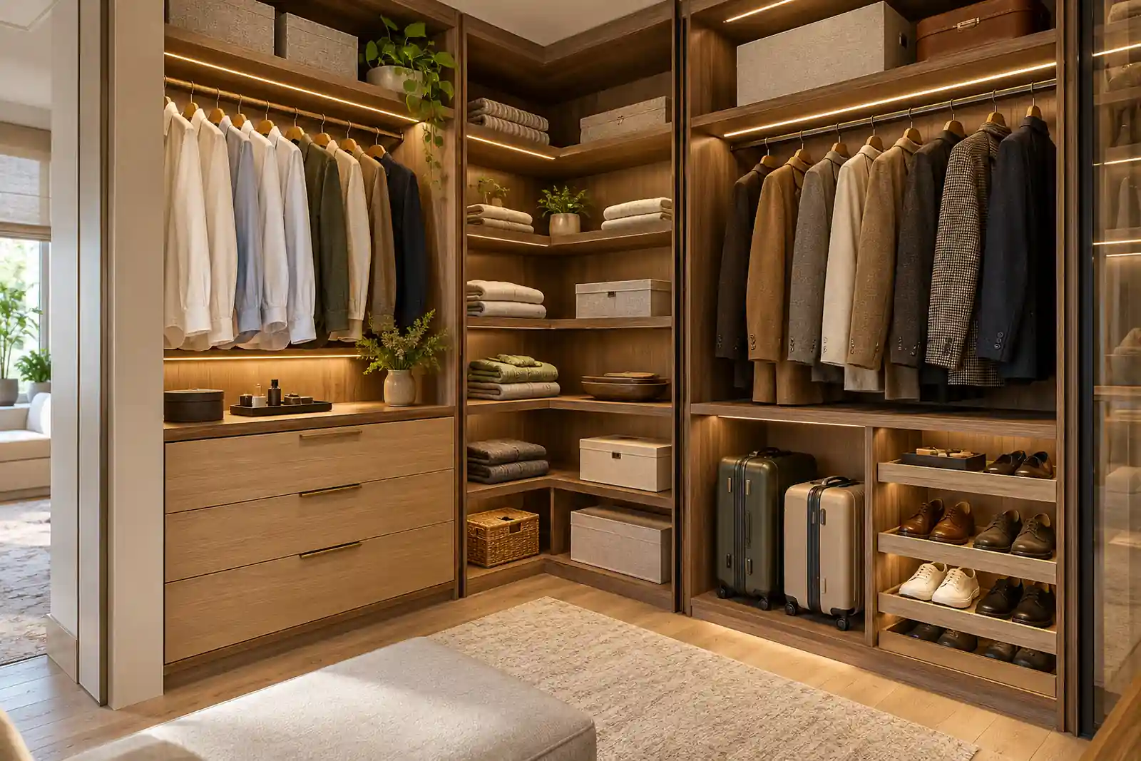 Corner wardrobe with accessible shelves and large suitcases stored at floor level