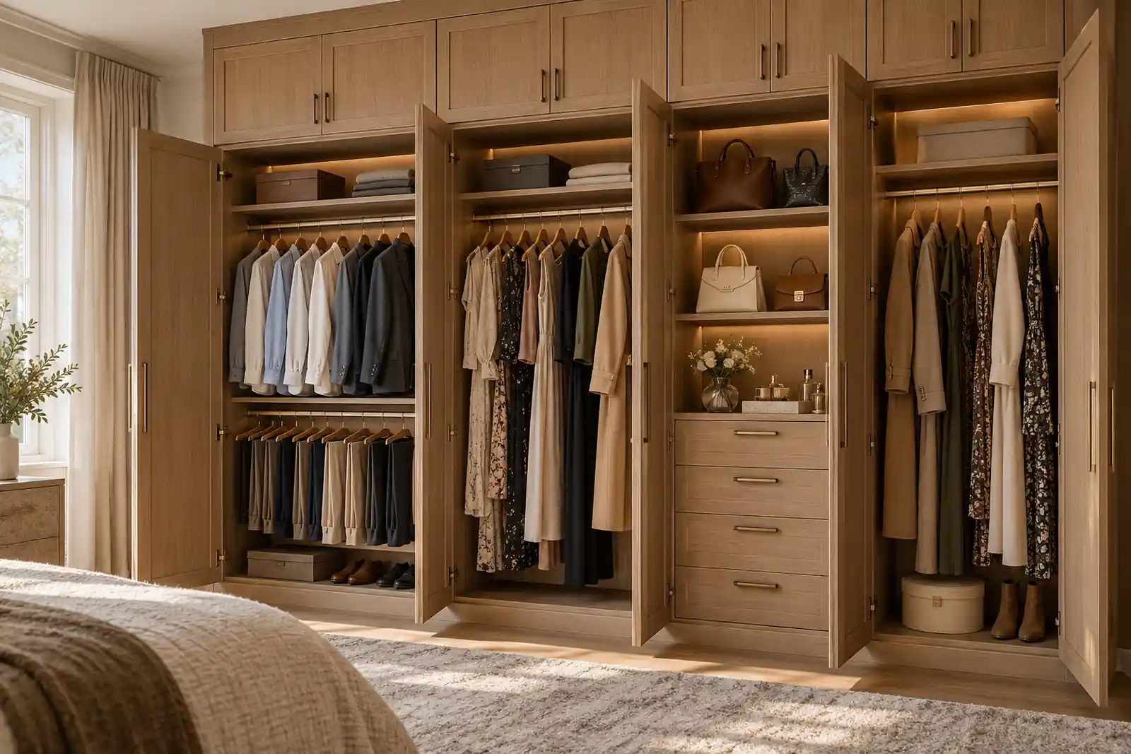 Full-height oak wardrobe with hanging clothes, drawers and shelves beside a bright bedroom