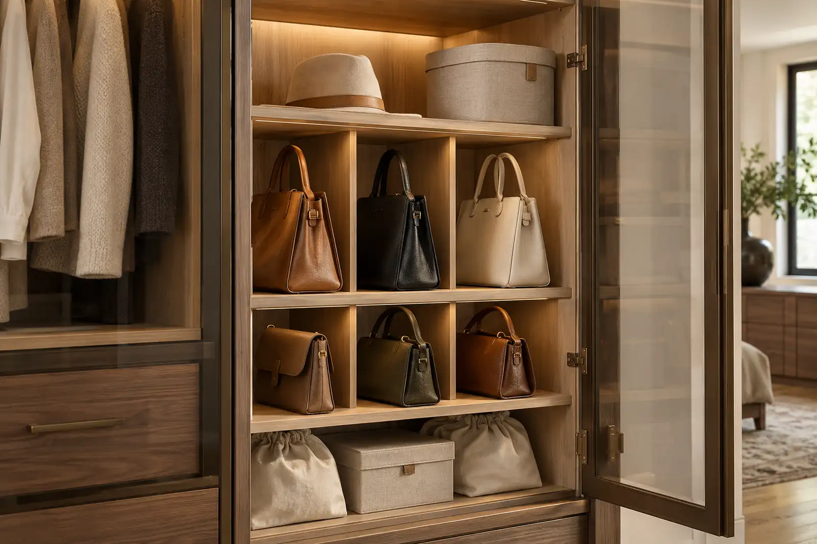 Wardrobe shelves with upright handbags, vertical dividers and a separate hat compartment behind a glass door
