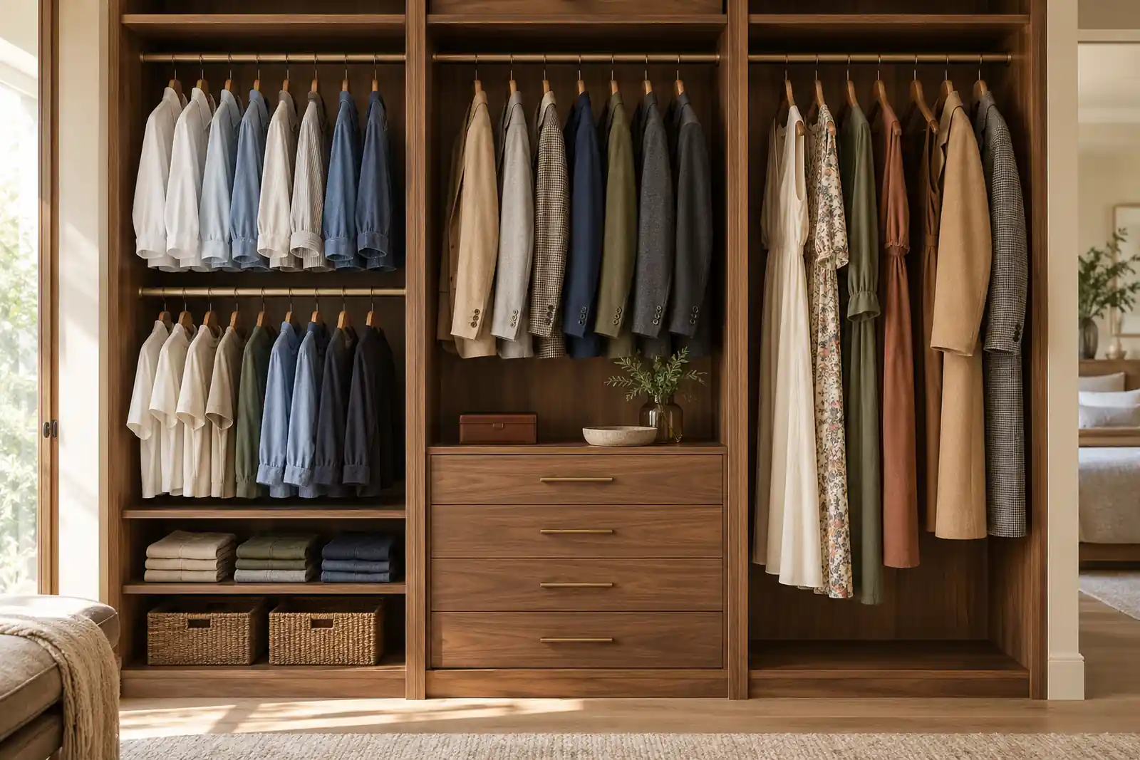 Walnut wardrobe showing separate short-, medium- and long-hanging garment zones