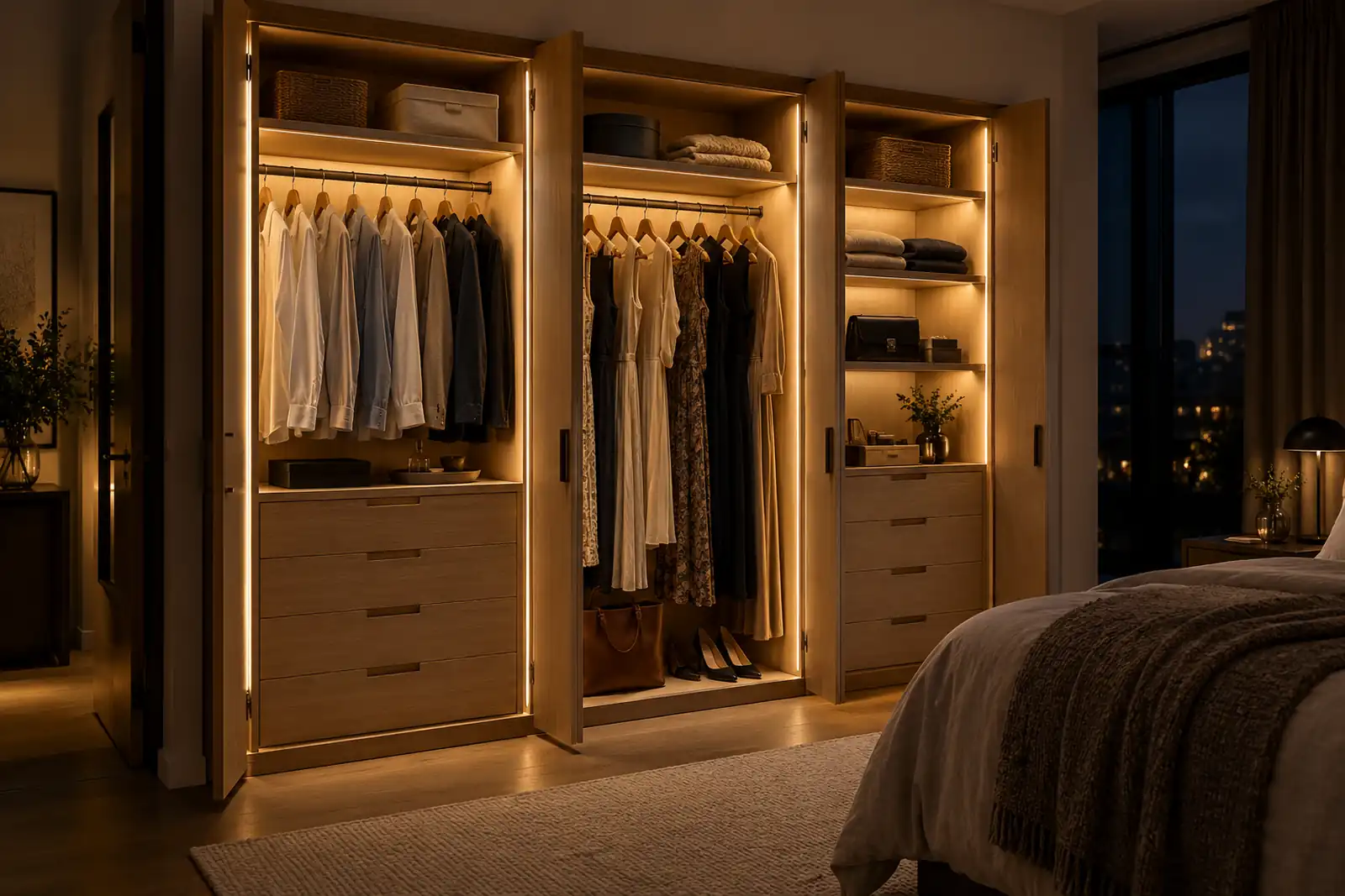 Oak bedroom wardrobe at night with diffused vertical lighting beside hanging clothes and drawers