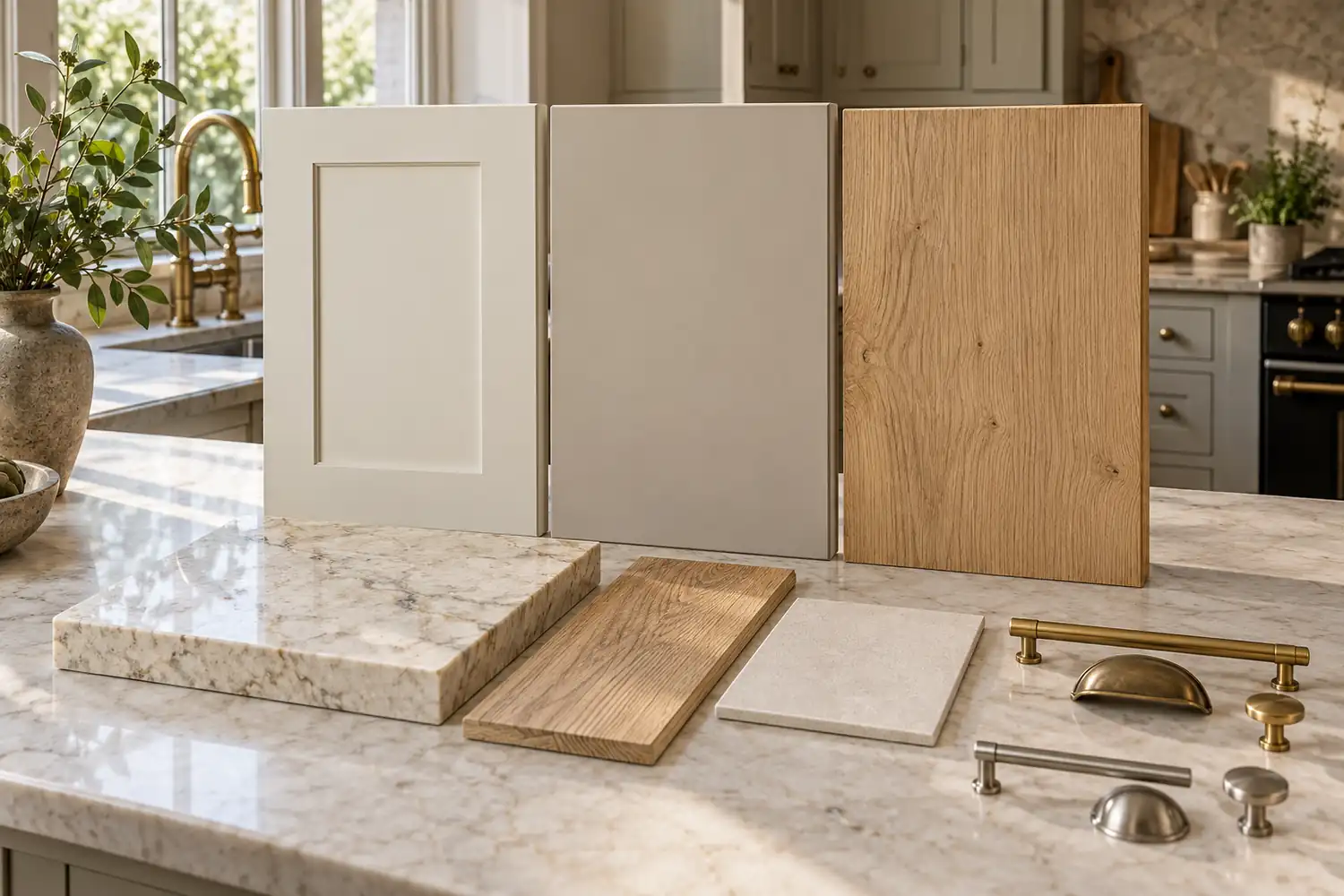 Three vertical cabinet sample doors beside stone flooring tile and metal hardware