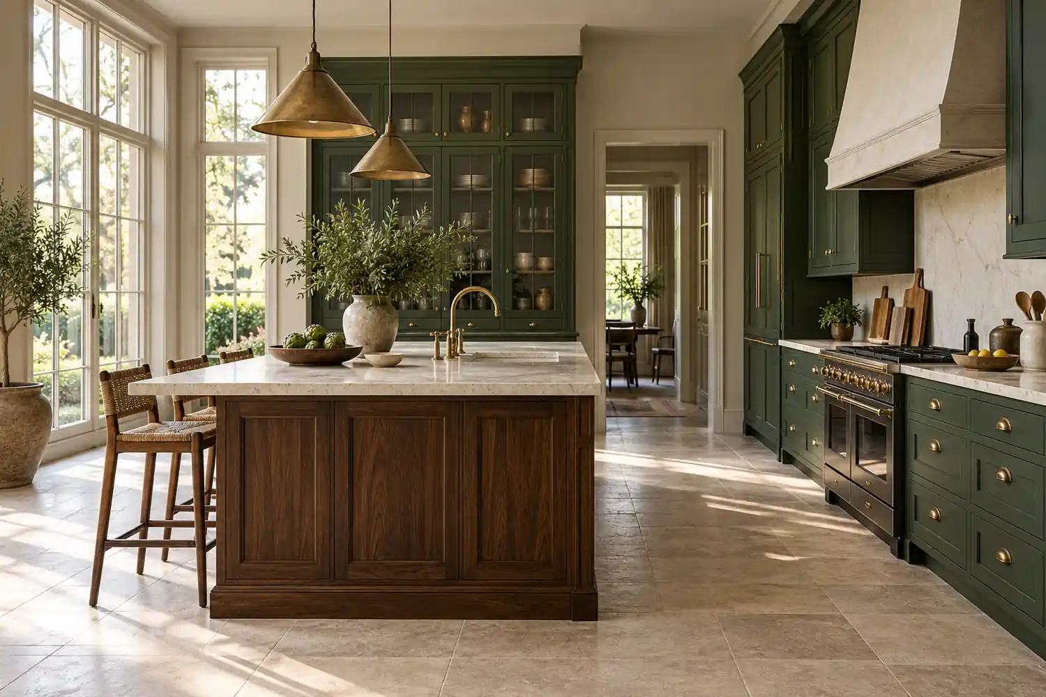 Forest green cabinets and walnut island balanced by pale stone and tall windows