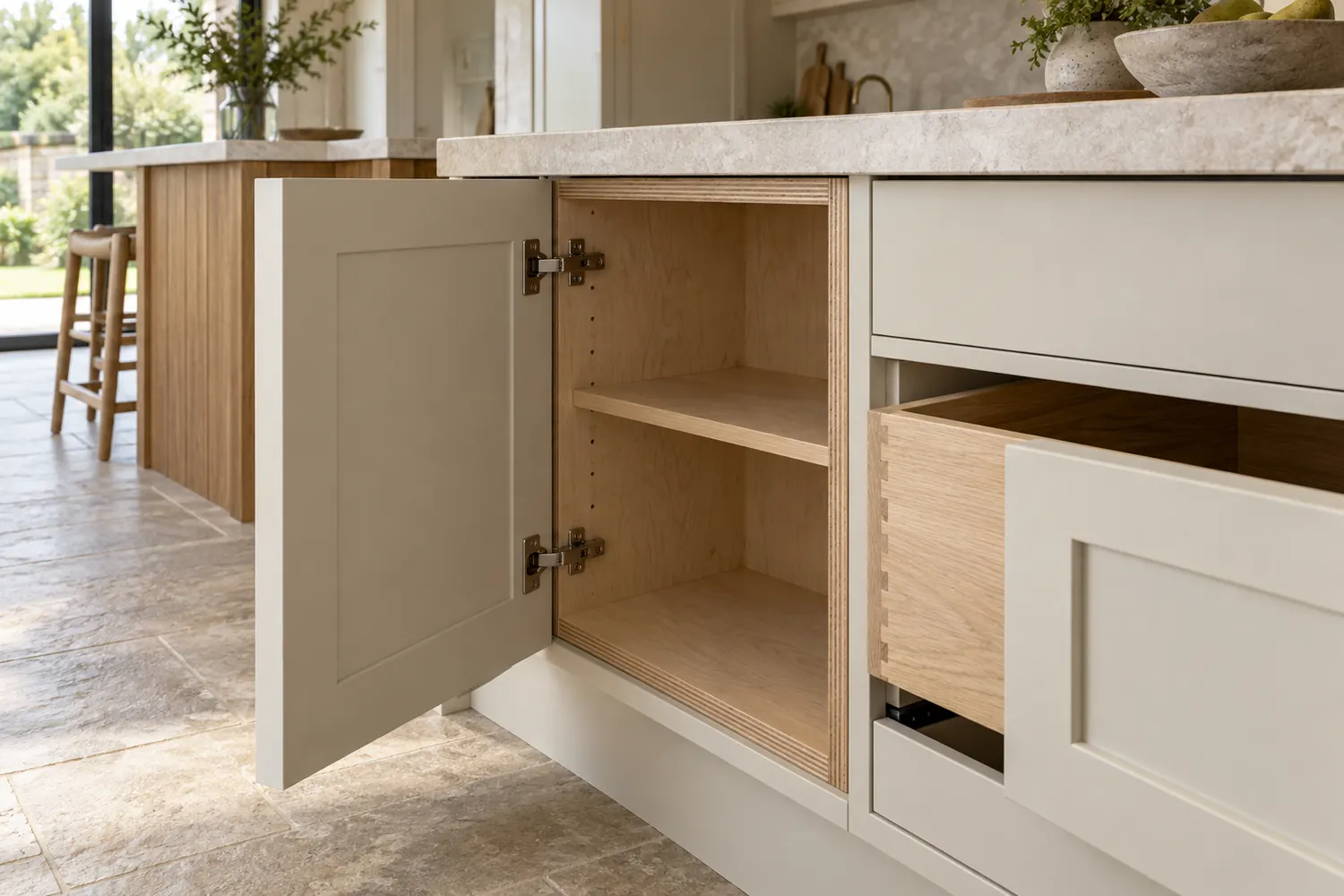 Open kitchen cabinet showing a plywood box, shelf and concealed hinges