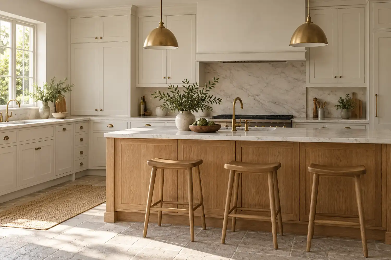 Kitchen combining ivory painted doors with natural oak island panels