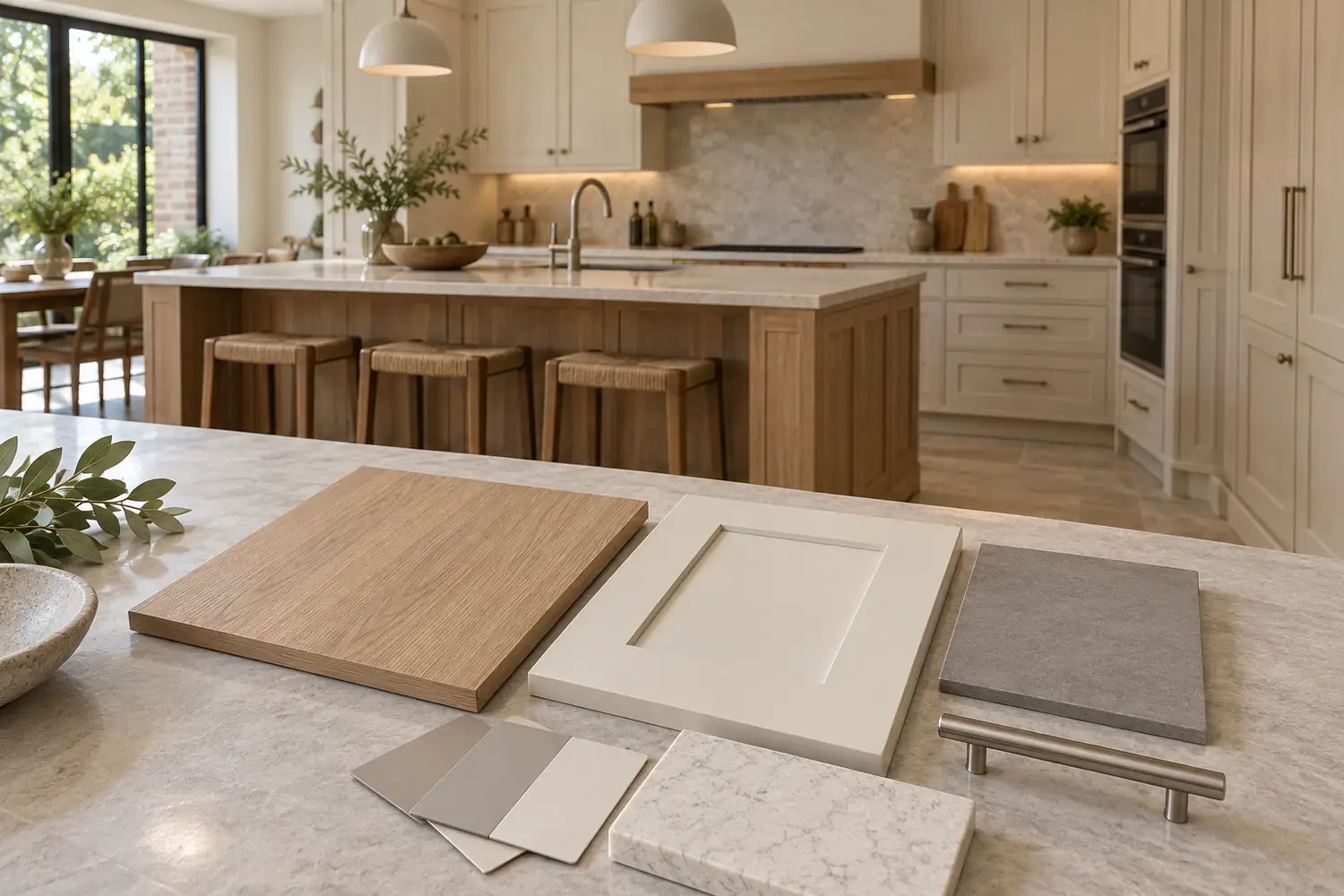 Cabinet door, wood, stone and hardware samples in a coordinated kitchen