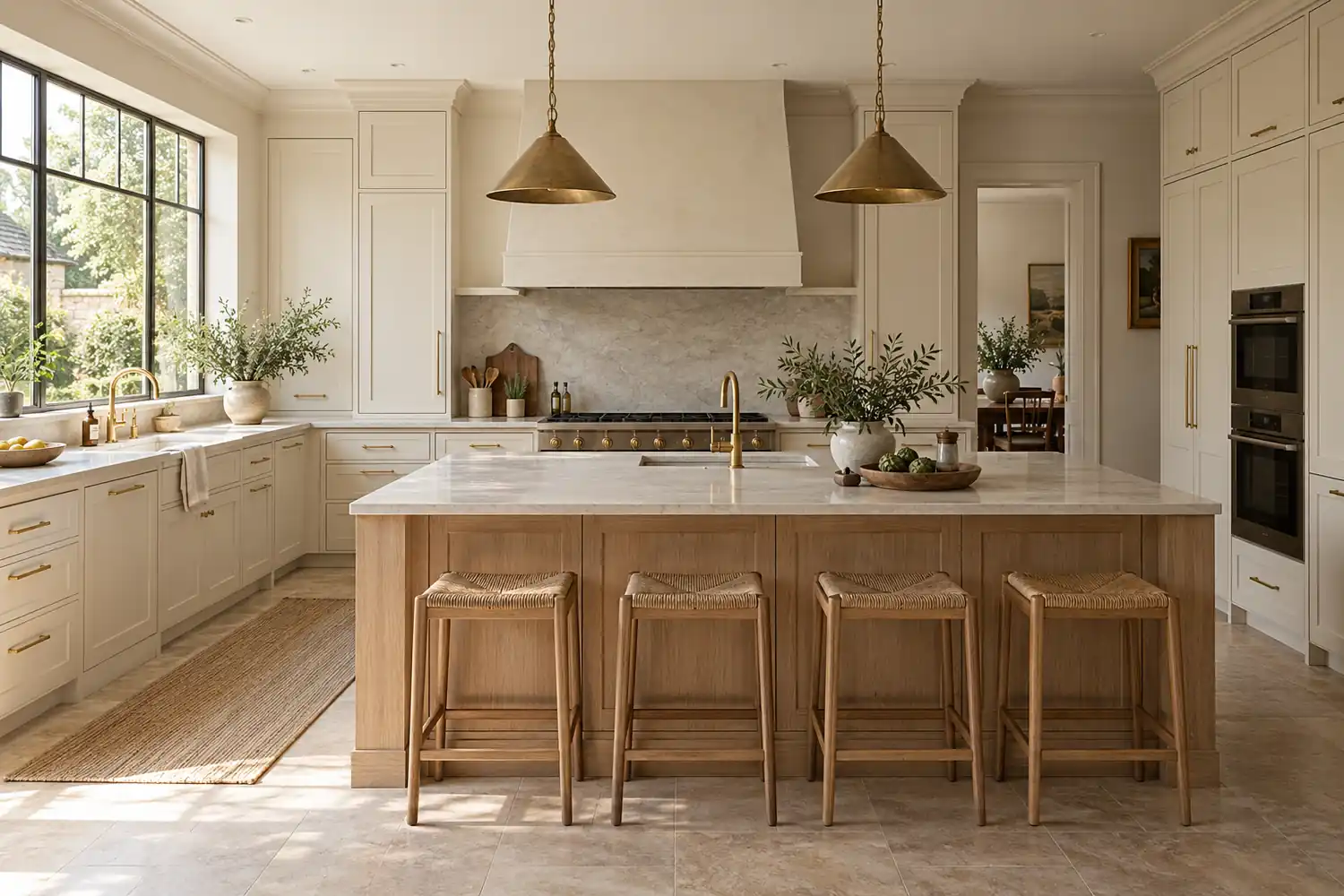Warm modern kitchen with ivory Shaker cabinetry and an oak island