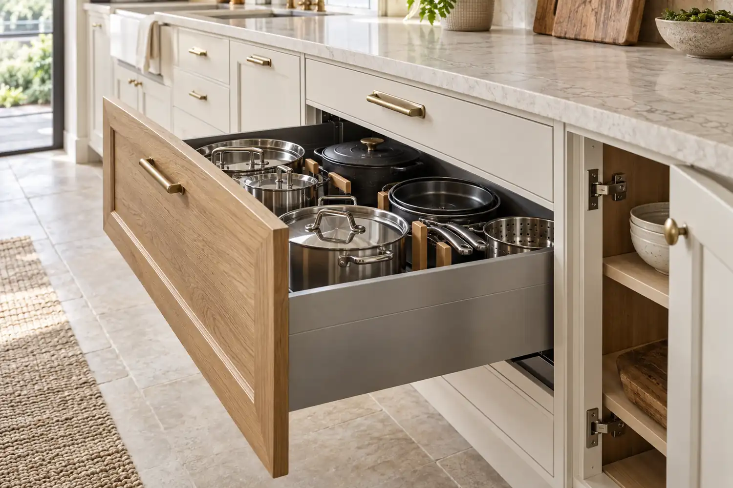 Extended kitchen drawer with cookware and a neighboring concealed door hinge