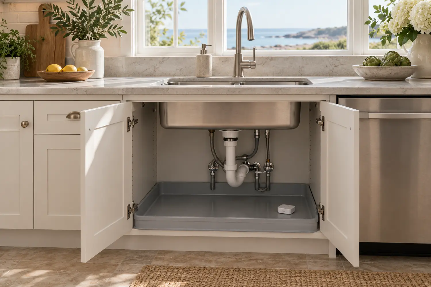 Open sink cabinet with a fitted tray and leak sensor