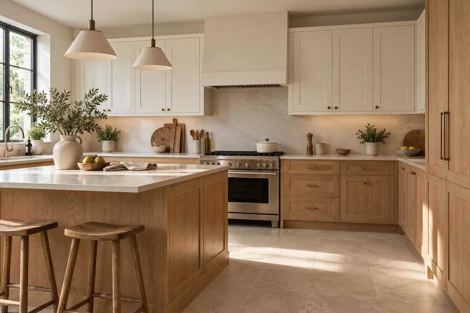 Warm white upper cabinets over natural oak base cabinets with pale stone