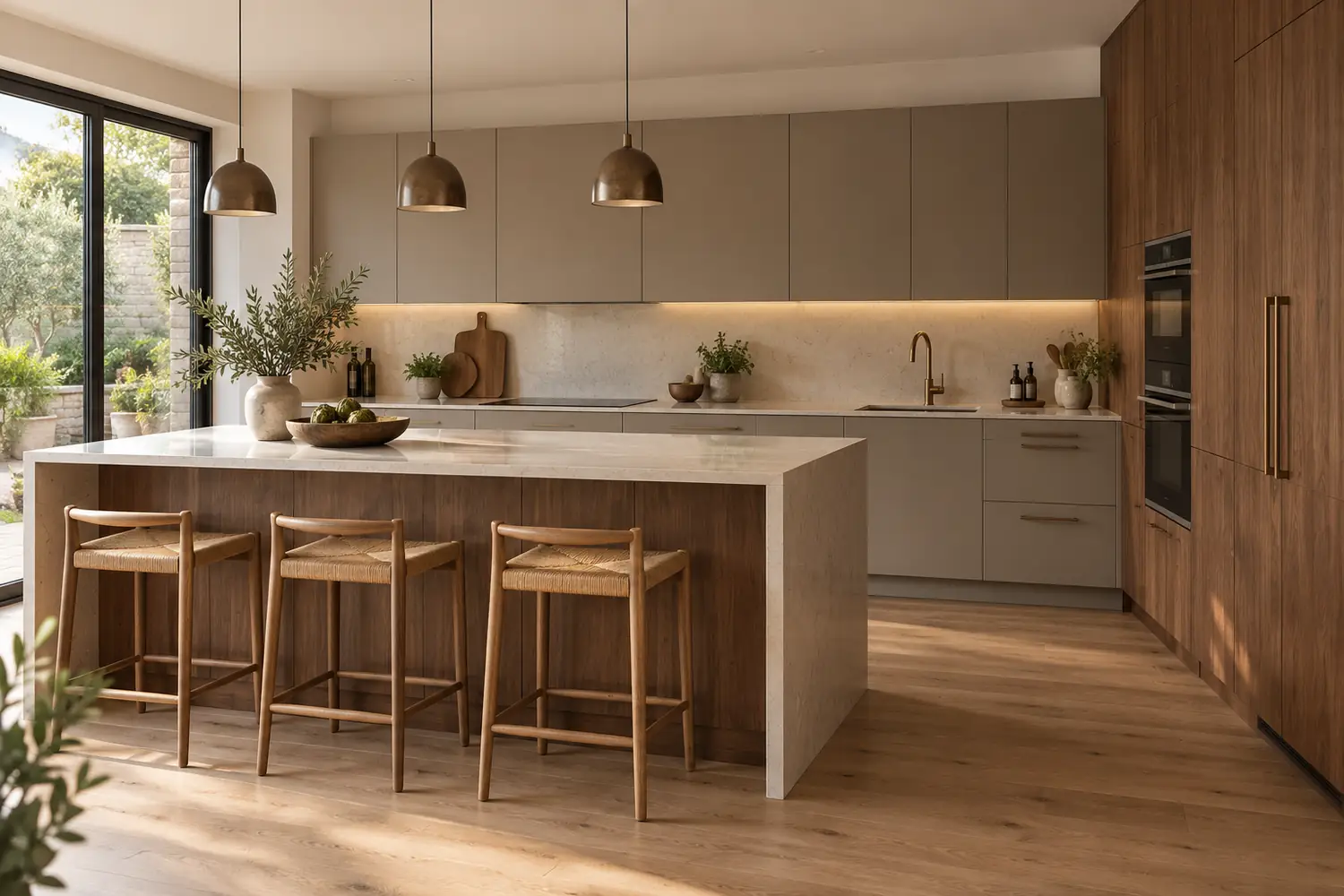 Mushroom flat-panel cabinets with walnut pantry wall and island