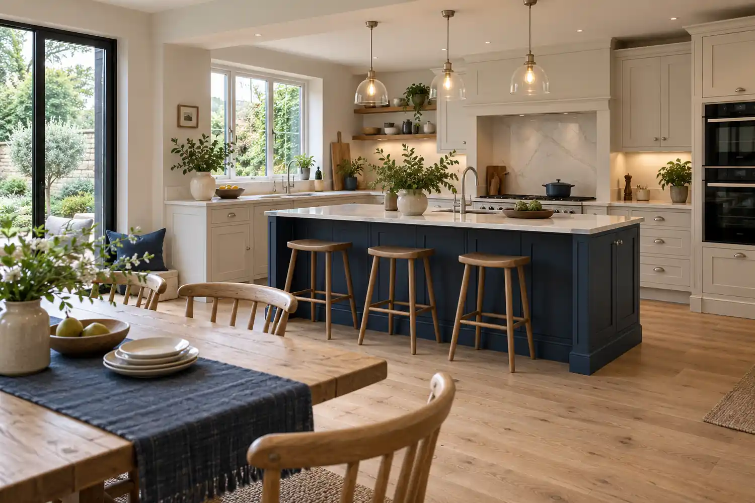 Navy island and off-white perimeter cabinets connected to a dining area